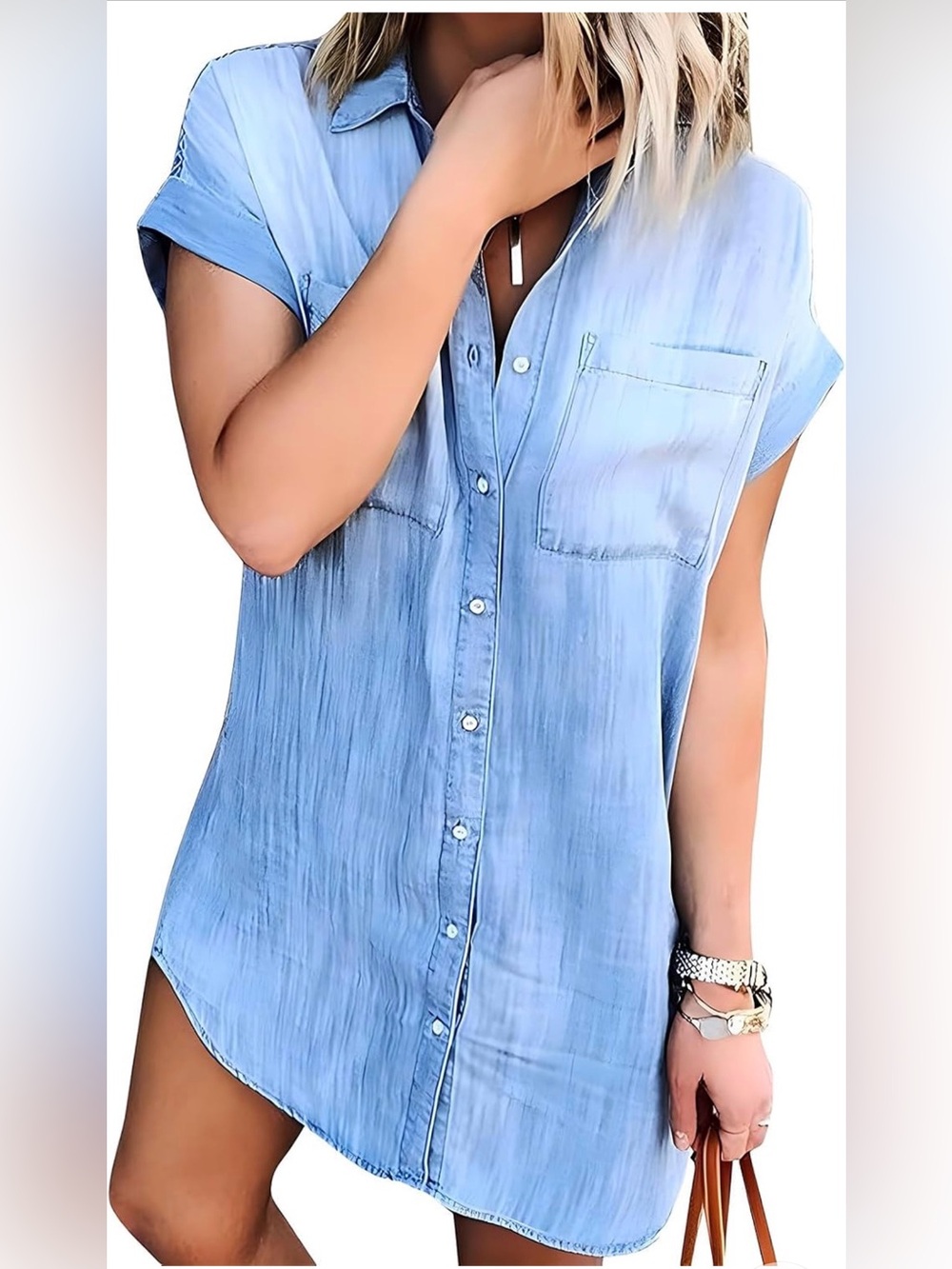ZILCREMO Denim Chambray Shirt Dress Button Front